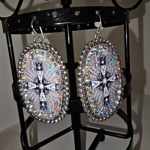 Silver and Blue Oval Earrings With Rhinestones